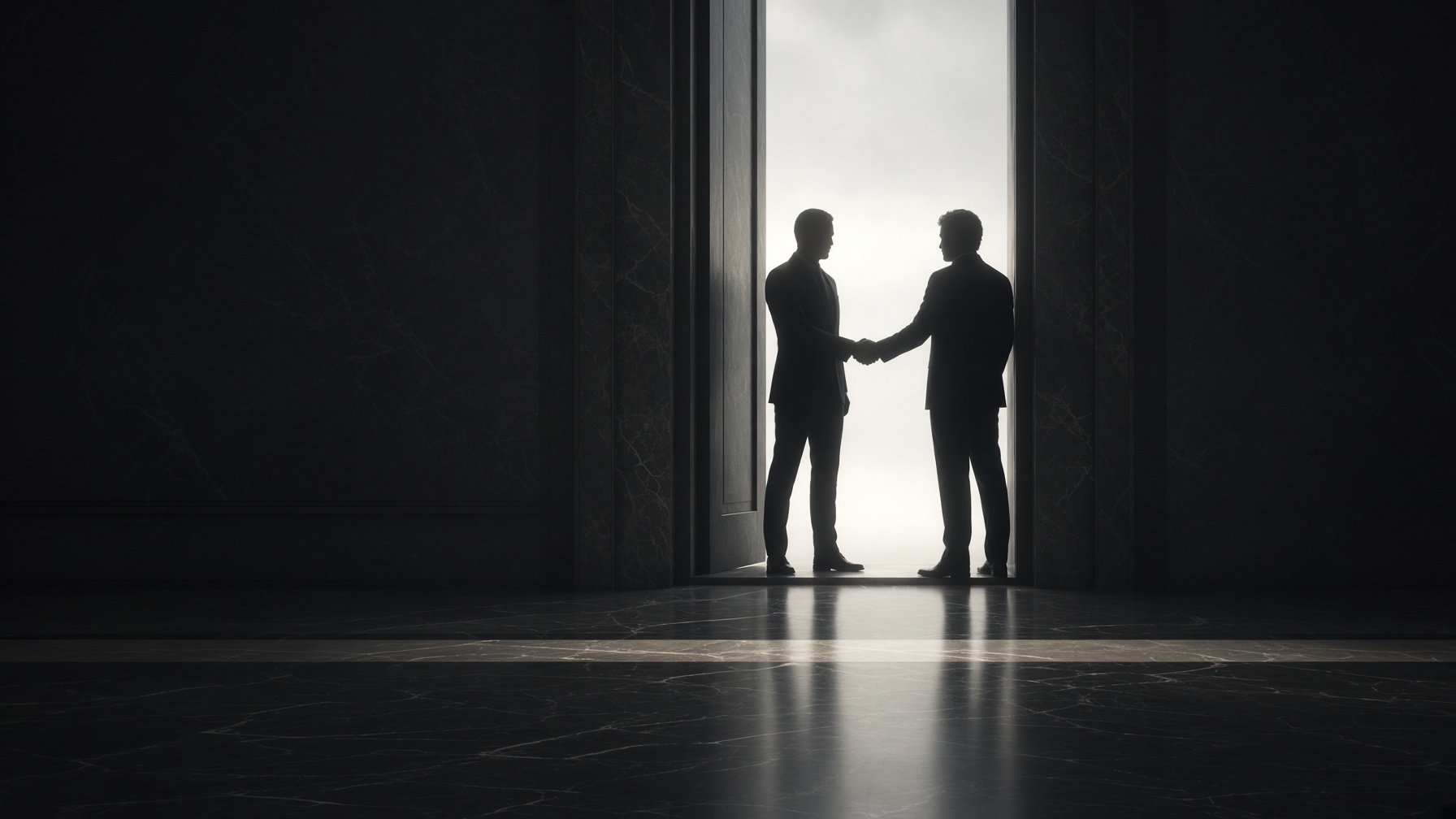 Two professionals meeting in confidence, faces held in shadow.